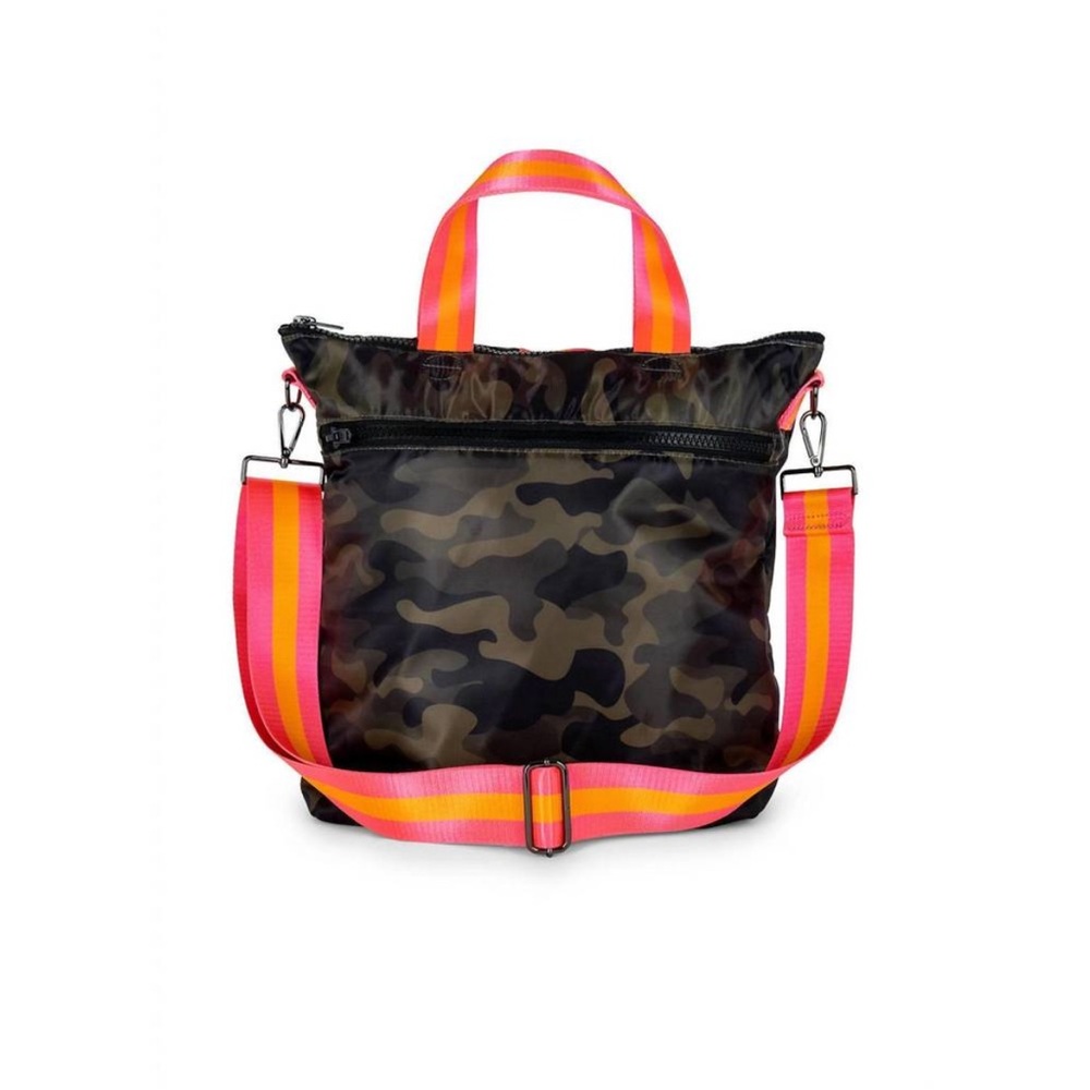 NWT HAUTE SHORE women's logan showoff bag in green camo/pink/orange stripes - Picture 6 of 10